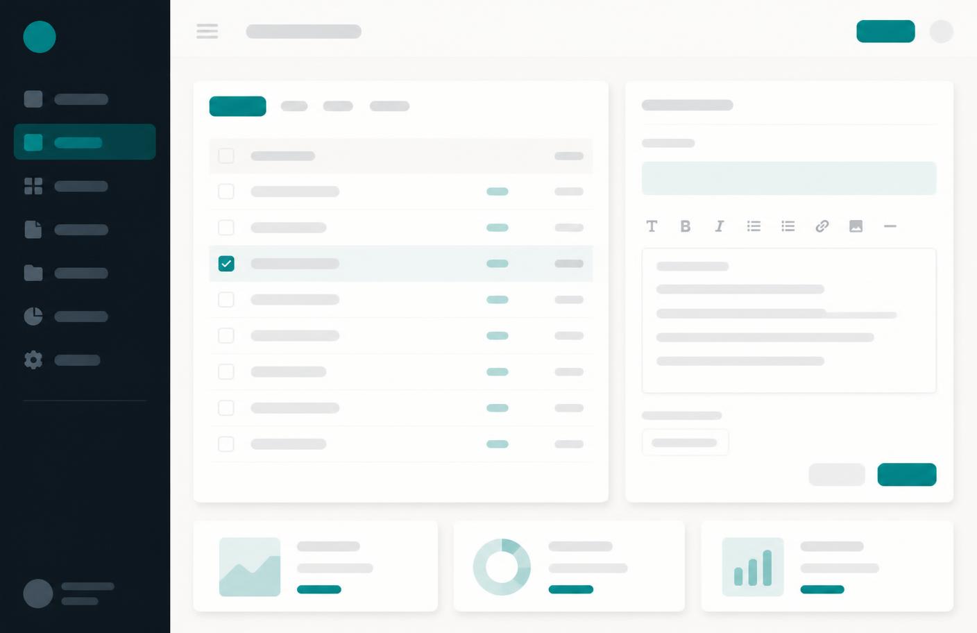 Representative view of a lightweight custom admin panel with a content list and an editing pane