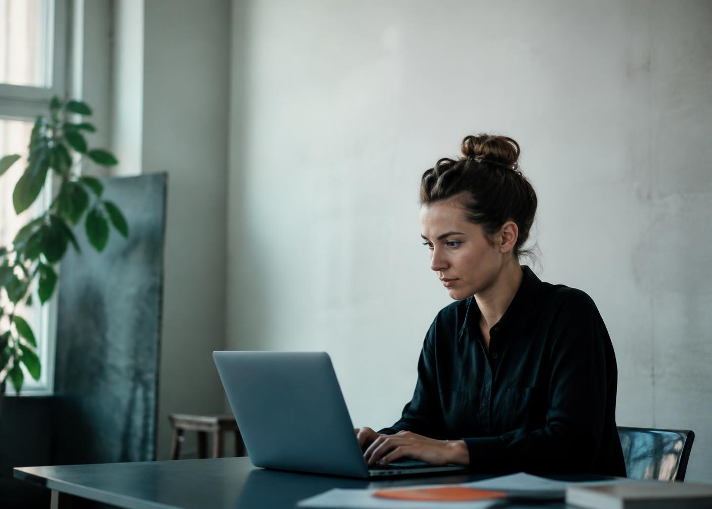 A person working quietly at a laptop in a minimal daylit studio