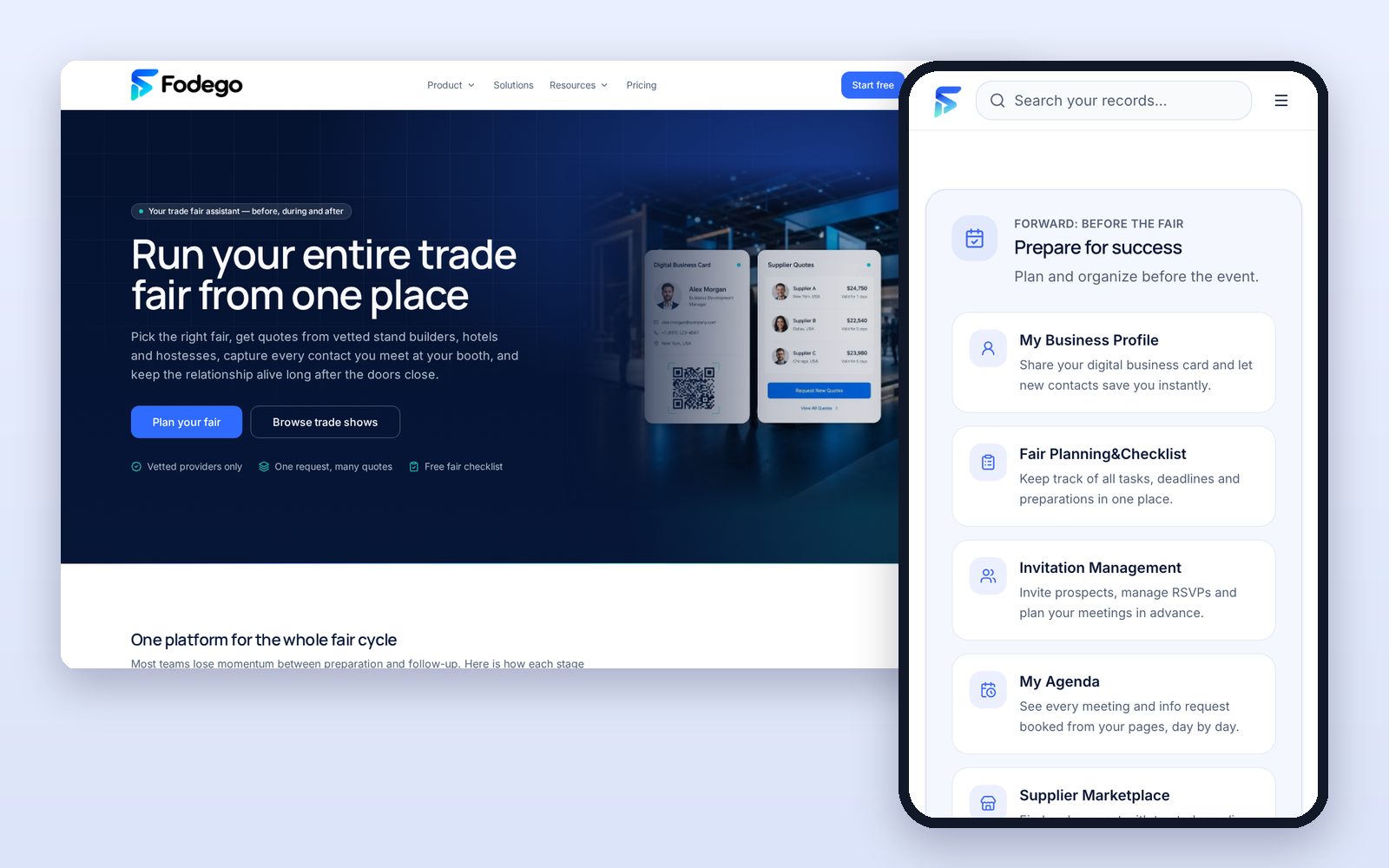Fodego — desktop and mobile view of the live site