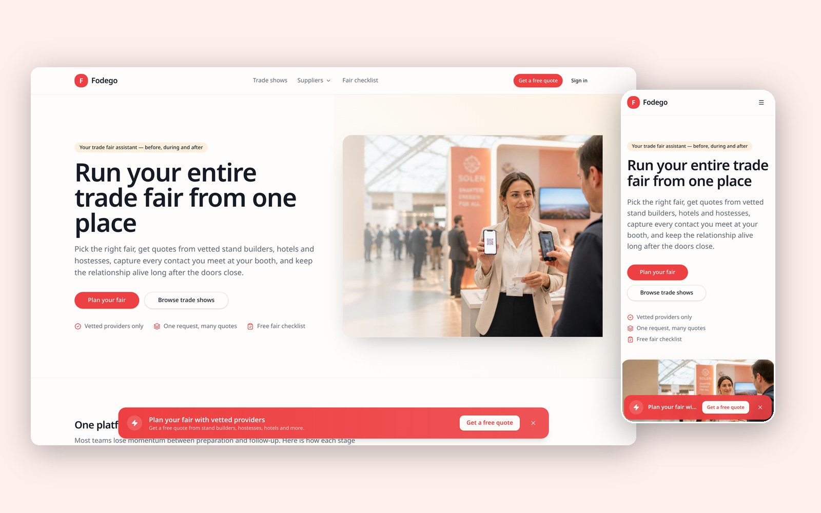 Fodego — desktop and mobile view of the live site