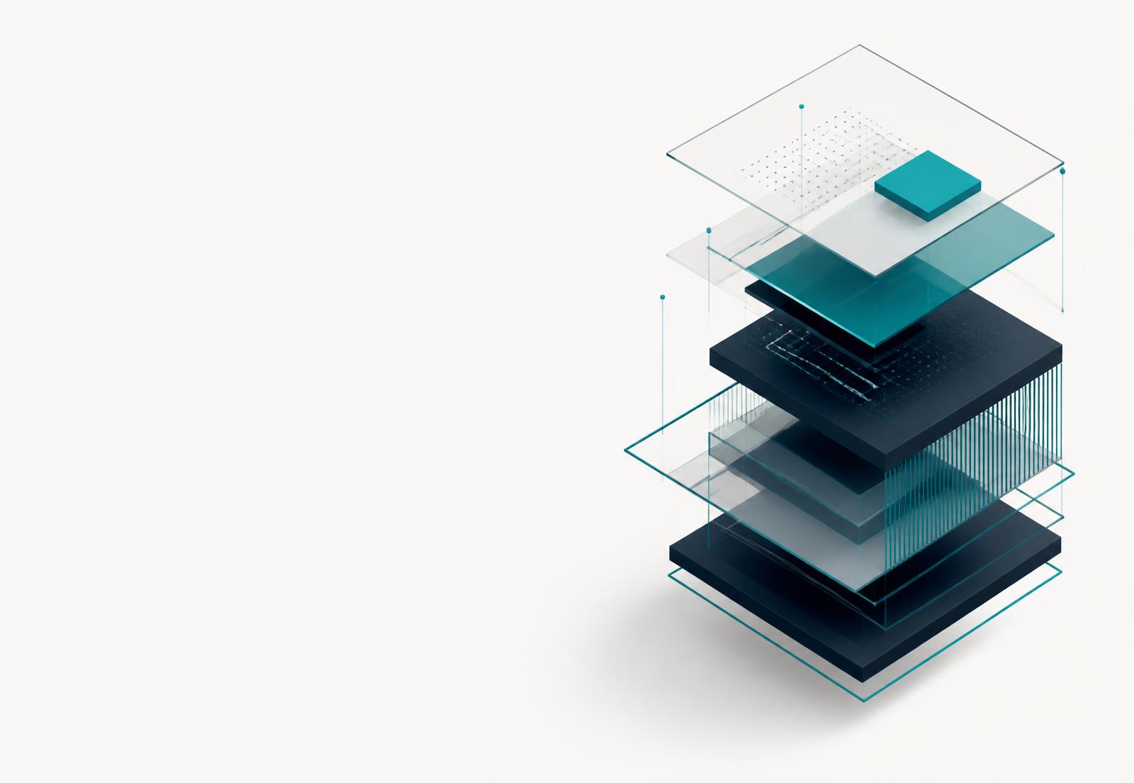 Abstract render of layered web infrastructure: content, rendering and delivery as separate stacked layers