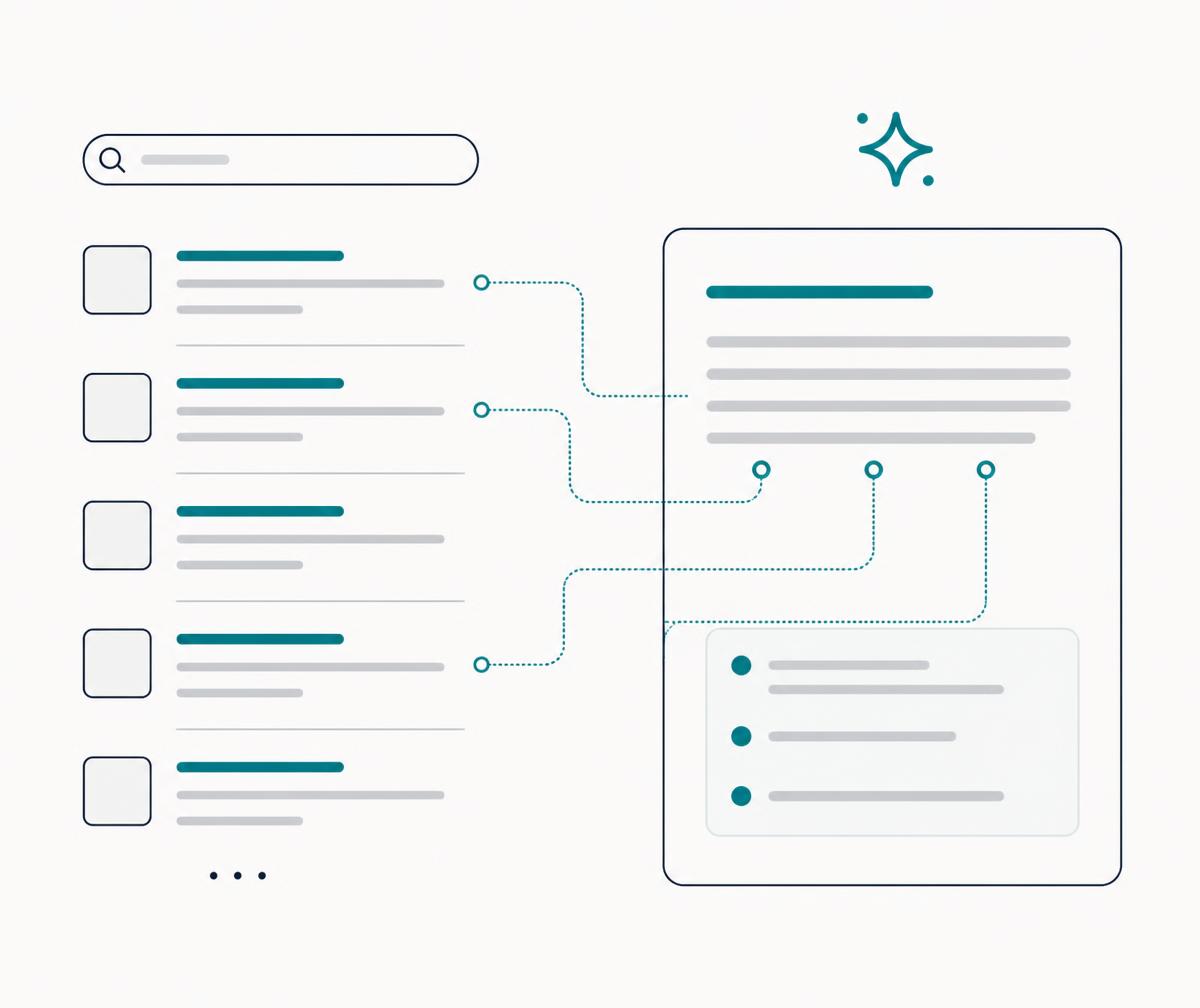 Diagram contrasting a classic search result list with a generative answer citing sources